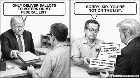 At a postal counter, President Donald Trump orders a clerk to deliver ballots only to voters on his federal list; the clerk checks a constitutional authority list and says Trump is not on it.