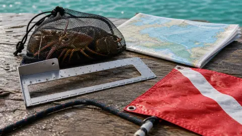 Dockside lobster mini-season gear with a measuring gauge, diver-down flag, catch bag and folded coastal chart.