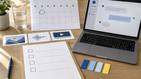 A desk with a laptop, four blank checklist rows, disclosure tags and a circled calendar date representing AI transparency planning.