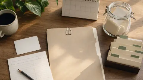 Unbranded household finance papers, cards and savings objects sorted into rate-checking groups on a table.