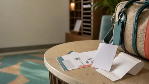 A hotel key card, soccer ticket, and folded room-rate receipt on a lobby table beside a small travel bag