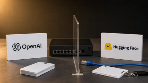 OpenAI and Hugging Face logo placards separated by a clear sandbox divider with cable and credential props