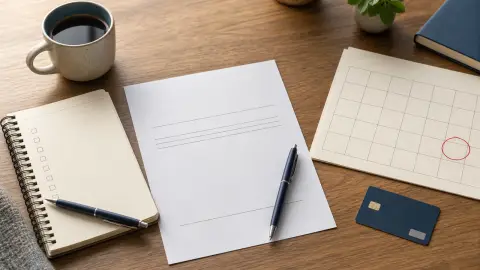 A desk still life with a blank loan checklist, bank card, autopay form and circled calendar deadline.