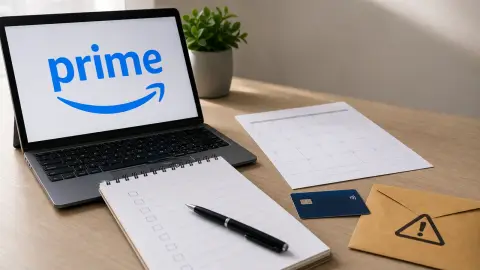 Amazon Prime branding beside blank claim paperwork and payment items on a desk