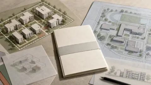 Editorial illustration of a school-district parcel plan linking apartment blocks, a lease packet and a campus blueprint.