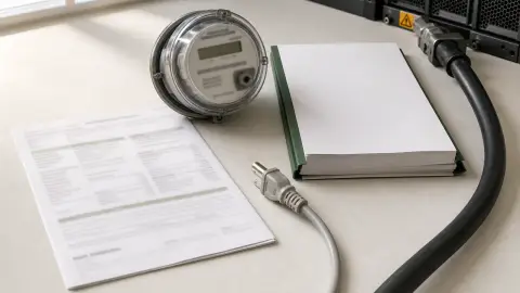 A utility bill, electric meter, blank tariff papers, and power cables arranged on a kitchen table.