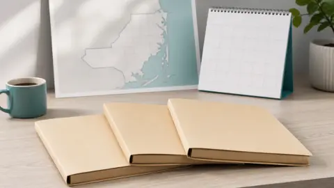 Three sealed case folders sit beside a muted Miami-Dade map outline and a blank court calendar on a desk.