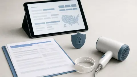 An anonymized emergency-room packet, wristband, household product, and tablet arranged to suggest privacy-protected injury data exchange.