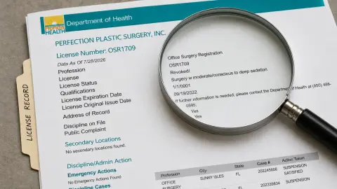 A Florida Department of Health license record for Perfection Plastic Surgery, Inc. is shown with the revoked registration status enlarged.