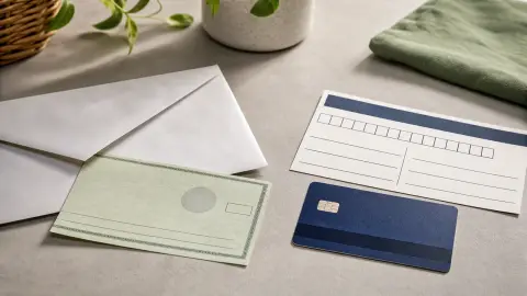 A paper check and envelope beside a blank bank slip and unbranded debit card on a table.