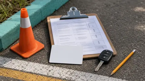 A blank license card, road-test checklist, car key and traffic cone arranged beside road-test lane markings.