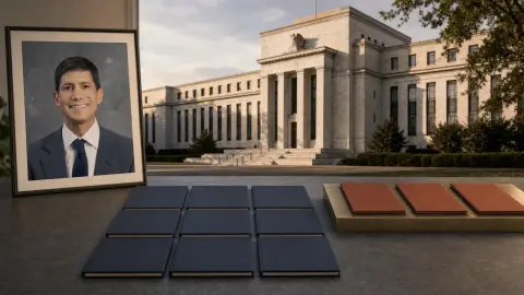 Editorial scene with Kevin Warsh and the Federal Reserve behind nine level navy folders and three raised rust folders