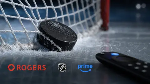 A hockey puck in netting beside Rogers, NHL, and Prime Video branding, suggesting the Wednesday NHL streaming rights shift.