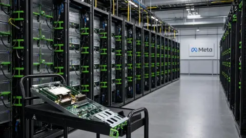 Meta server hardware and densely packed racks inside a source-grounded data-center scene