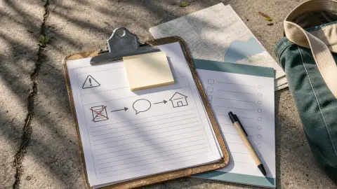 A blank warning form and outreach clipboard on a concrete sidewalk, arranged to suggest Miami's changed encampment enforcement process.