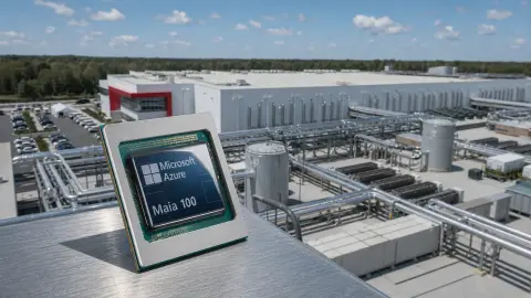 A Microsoft Azure Maia 100 chip in front of a large Microsoft AI datacenter and its cooling infrastructure.