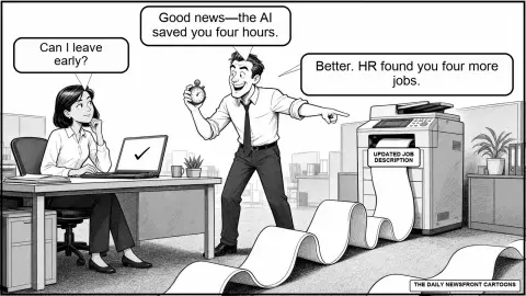 A black-and-white office cartoon shows a manager telling an employee that AI saved her four hours. When she asks to leave early, he points to a printer unspooling an enormous updated job description and says HR found her four more jobs.