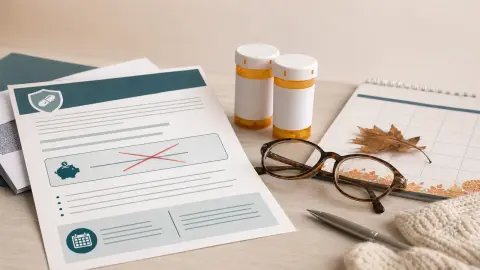 Generic Medicare drug-plan paperwork, prescription bottles and a fall calendar arranged for a premium comparison.