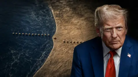 Donald Trump beside a relief view of the Gaza coastline, where two unmarked paths stop at a shared checkpoint.