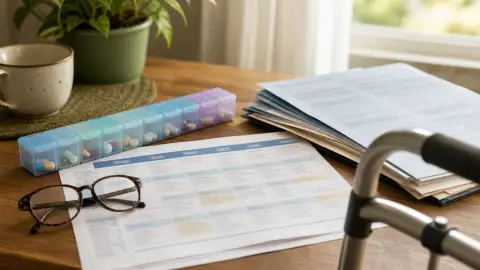 A care schedule, medication organizer, walker handle, and unreadable paperwork arranged on a home table.