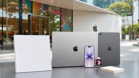 Recognizable Apple devices and store details beside an earnings packet, suggesting investor scrutiny after a strong quarter.