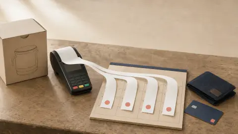 An unbranded checkout receipt divides into four payment slips leading across a calendar toward a debit card and wallet.