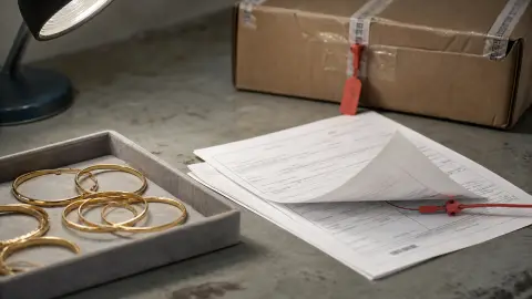Gold bracelets beside layered shipping documents and cargo seals on a customs inspection table.