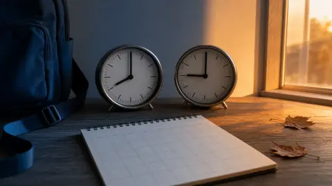 Two analog clocks beside a blank November calendar and a backpack strap split between cool morning shadow and warm evening light