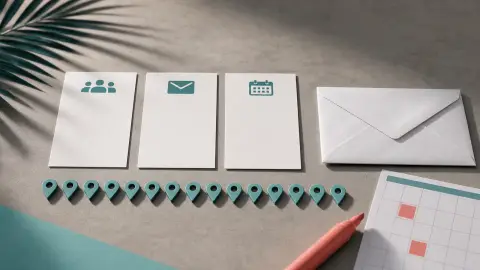 A tabletop voting plan with blank cards, a mail envelope, location markers and highlighted calendar squares.