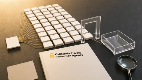 California Privacy Protection Agency folder beside a physical chain of anonymous data matching, removal and inspection objects
