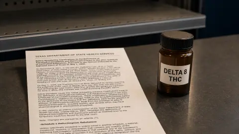 Texas Department of State Health Services controlled-substance notice beside a delta-8 THC package on a retail counter