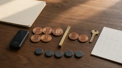 Copper Bitcoin tokens divided into a retained group and a smaller planned trim beside a hardware wallet, house key and five check markers