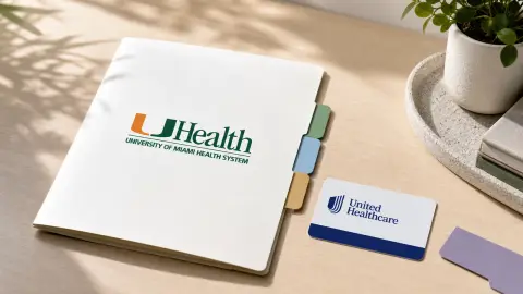A UHealth care folder and UnitedHealthcare benefit card arranged with separate plan tabs to show that network access depends on the plan.