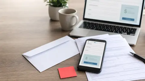 A desk with blank tax paperwork and a blurred refund calculator screen asking for sensitive details.