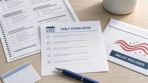 A voter checklist, ballot envelope and pen arranged on a table for Miami-Dade early voting planning