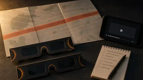 Eclipse glasses, an abstract viewing map and a phone arranged as a solar eclipse planning setup.