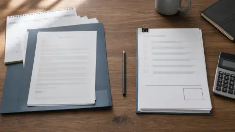 Two sets of retirement planning papers separated on a tabletop, one for current benefits and one for a proposed change.