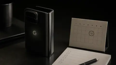 A Pixel-style foldable phone beside an August 12 calendar card and blank preorder checklist