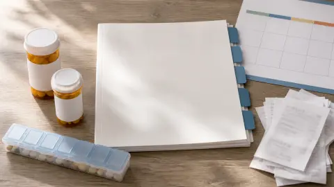 Prescription bottles, plan papers and a calendar arranged as a Medicare drug plan cost comparison.