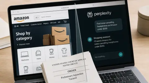 Amazon and Perplexity visual references staged beside generic court papers and a browser access divider