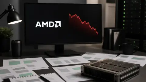 AMD branding appears on an investor workstation beside a downward market chart and AI chip notes.