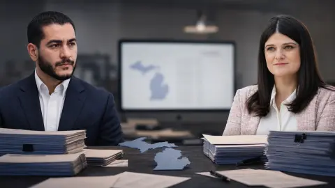 Source-grounded portraits of Abdul El-Sayed and Haley Stevens set around an unfinished Michigan vote-count workspace
