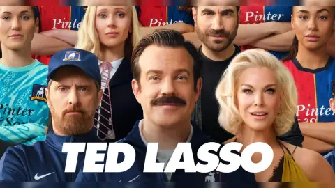 Official Ted Lasso season-four ensemble artwork with Ted centered among Richmond characters and players.