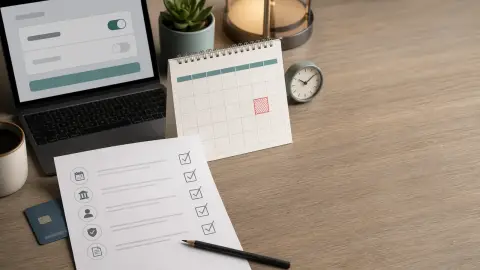A desk with a payment checklist, calendar, bank card and laptop arranged for a student loan auto-pay review.