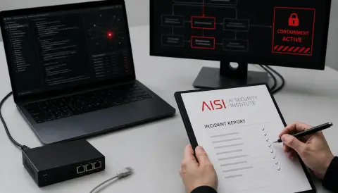 AI Security Institute incident report beside a contained cyber-testing workstation