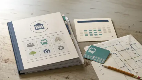 Budget papers, a calendar card and a transit card arranged on a desk to show Miami-Dade budget tradeoffs