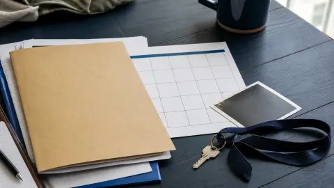 An unmarked folder overlaps a deployment calendar beside a house key and a face-down family photo.