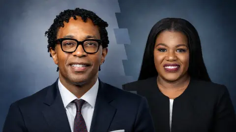 Source-grounded portraits of Wesley Bell and Cori Bush arranged as a neutral election-result composition.