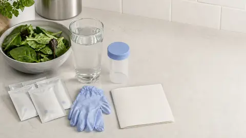 A clean kitchen counter with leafy greens, water, sealed health supplies, and a blank public health notice arranged as an outbreak caution still life