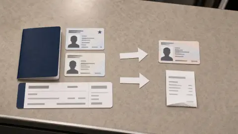 Passport, license cards, boarding pass, and a generic fee receipt arranged on an airport counter